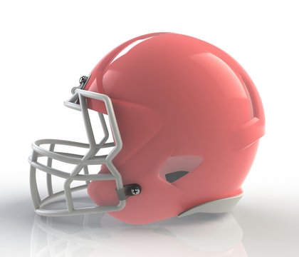 Shiny red wax american football helmet side view on a white background with detailed clipping path, 3D rendering