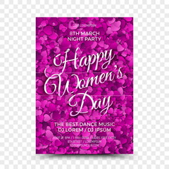 Happy Women's Day Vector Flyer Design Template with 3D Calligraphic Text and Heart Shapes in Retro and Vintage Style on Transparent Background. Illustration for Celebration 8th March in Night Club