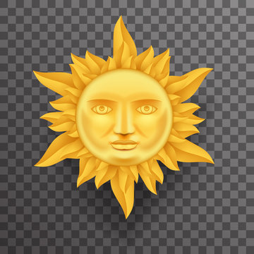 Antique Golden Sun Face Crown of Flames Realistic 3d Transperent Icon Template Background Mock Up Design Vector Illustration