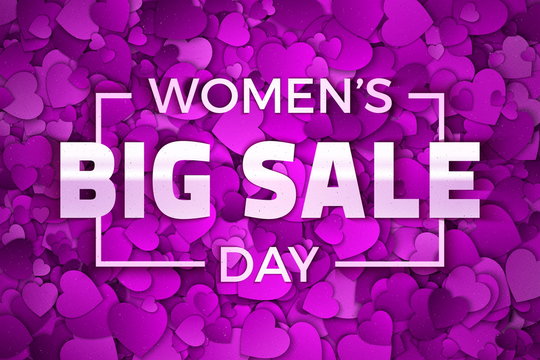 Happy Women's Day Big Sale Vector Illustration. Typographic Design Text. Abstract Purple and Violet 3D Hearts Dense Structure Pattern with Subtle Texture