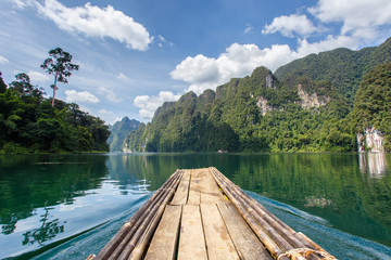 Beautiful mountains lake river sky and natural attractions in Ratchaprapha Dam at Khao Sok National Park, Surat Thani Province, Thailand