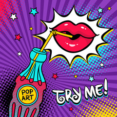 Background with colorful bottle of soda water with a straw and pop art label, female lips drinking it and Try me text. Vector illustration in comic retro pop art style. © irina_levitskaya