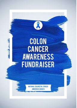 COLORECTAL Cancer Awareness Creative Grey and Blue Poster. Brush Stroke and Silk Ribbon Symbol. World Colon Cancer Awareness Month Banner. Blue stroke and text. Medical Design