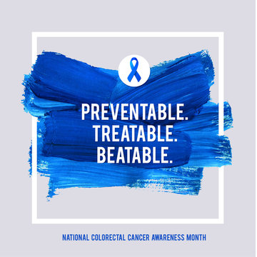CLORECTAL Cancer Awareness Creative Grey and Blue Poster. Brush Stroke and Silk Ribbon Symbol. National Colon Cancer Awareness Month Banner. Brush Stroke and Text. Medical Square Design
