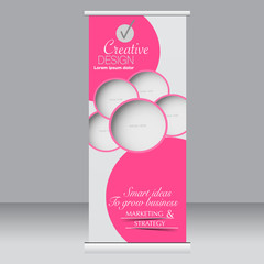 Roll up banner stand template. Abstract background for design,  business, education, advertisement. Pink color. Vector  illustration.