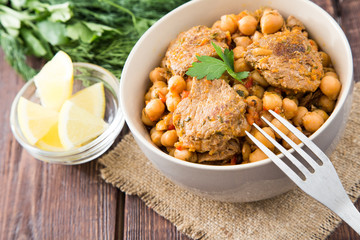 chickpeas with meat with vegetables and greens