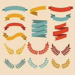 Big vector set of laurels and ribbons in modern flat style.