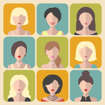 Vector set of different women app icons in flat style.