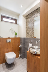 Wooden restroom with silver sink