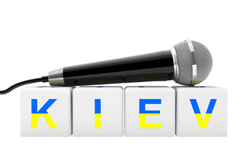 Song Contest. Microphone over Kiev Cube Sign. 3d Rendering
