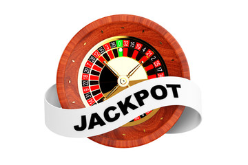 Casino Roulette Wheel with Ribbon Banner and Jackpot Sign. 3d Rendering