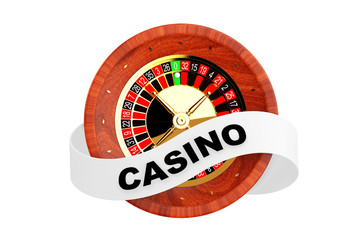 Casino Roulette Wheel with Ribbon Banner and Casino Sign. 3d Rendering