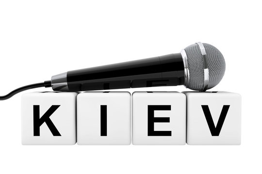 Song Contest. Microphone over Kiev Cube Sign. 3d Rendering