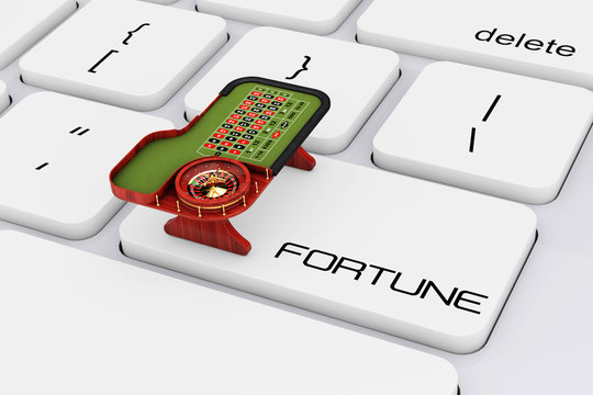 Classic Casino Roulette Table over Computer Keyboard with Fortune Sign. 3d Rendering