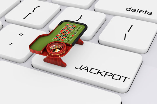 Classic Casino Roulette Table over Computer Keyboard with Jackpot Sign. 3d Rendering