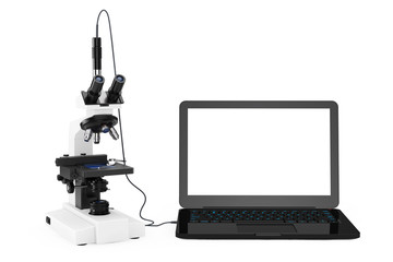 Science Technology Concept. Modern Laboratory Microscope connected to Laptop. 3d Rendering