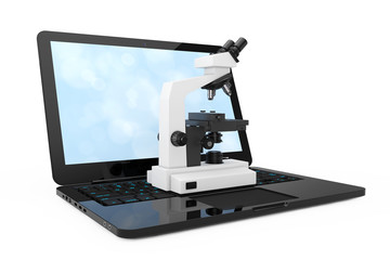 Modern Laboratory Microscope over Laptop Keyboard. 3d Rendering