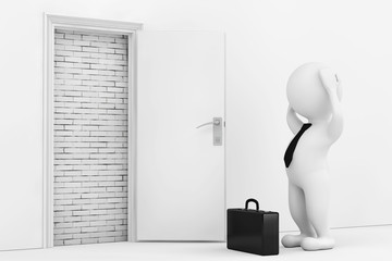3d Businessman Stressed near White Opened Door Blocked with Brick Wall. 3d Rendering