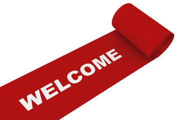 Unrolled Red Carpet with Welcome Sign. 3d Rendering