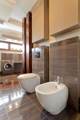 Spacious brown bathroom with toilet