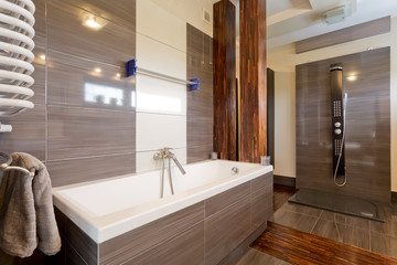 Modern brown bathroom with bathtub