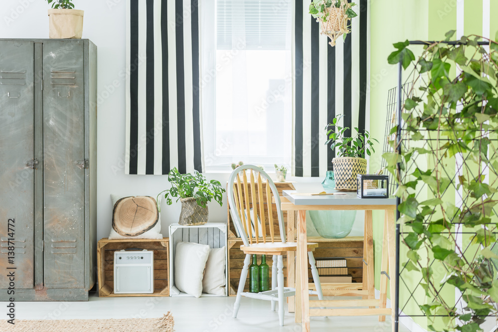 Sticker room with striped window curtain