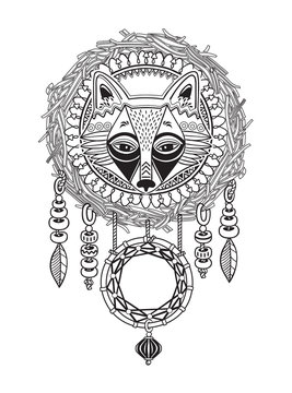 Indian dream catcher with ethnic ornaments and fox