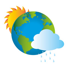 colorful earth world map with rainy cloud and sun vector illustration