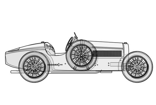 Ancient race car Bugatti in contour lines as per schedule. Side view of racing machine with woven though. Funny retro future black and white car. Isolated illustration master vector.