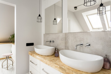 Naklejka na ściany i meble Minimalist bathroom with two sinks
