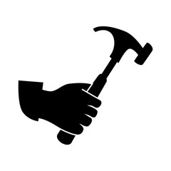 monochrome silhouette with hand and hammer tool vector illustration