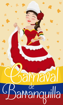 Beautiful Barranquilla's Carnival Queen with Flowers Rain and Colombian Flag, Vector Illustration