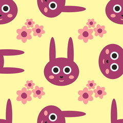 Rabbit head with a smiling face. Abstract flowers. Cartoon seamless pattern.