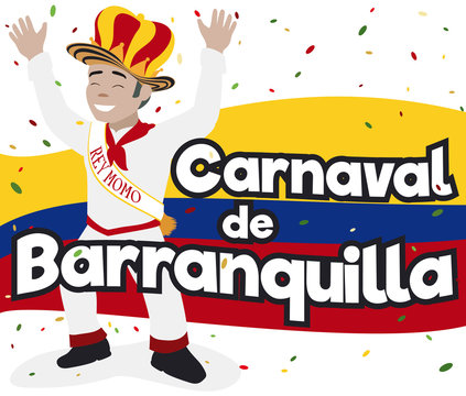 Smiling Momo King with Confetti in Barranquilla's Carnival Celebration, Vector Illustration
