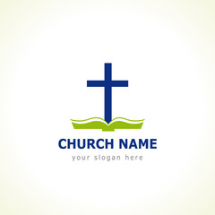 Obraz premium Christian church vector logo. Blue colored crucifixion, open green book with cover and pages. Religious educational symbol. Bible learning and teaching class.