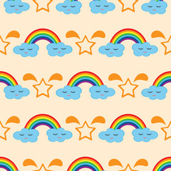 Rainbow, clouds with eyes and smile, silhouette stars. Seamless pattern.