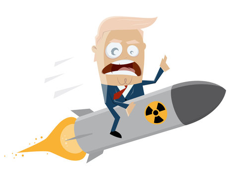 angry businessman riding an atomic bomb