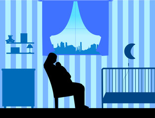 Mother holding her baby in her arms in the blue room, one in the series of similar images silhouette
