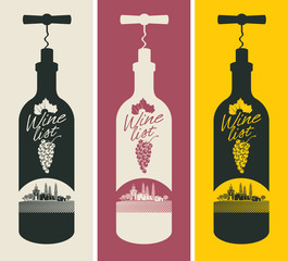 banners set with a bottle of wine with a corkscrew and vineyards, and the church