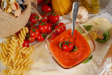 Pasta with tomato sauce and cherry tomatoes