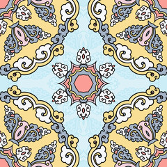 Vector abstract seamless patchwork pattern. Arabic tile texture with geometric and floral ornaments. Decorative elements for textile, book covers, print, gift wrap. Vintage boho style.