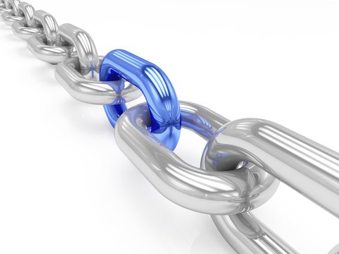3D rendering Chain with blue link on white background