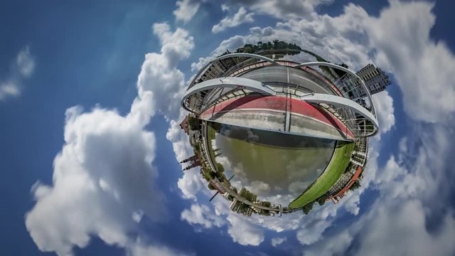 Little Tiny Planet 360 Degree Bridge River Cars Cityscape City Planet is Surrounded With Cloudscape Opole Day by Day Tourism Sights of the Old City