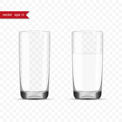 Empty and full glasses of water cup with shadow