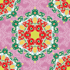 Vector abstract seamless patchwork pattern. Arabic tile texture with geometric and floral ornaments. Decorative elements for textile, book covers, print, gift wrap. Vintage boho style.