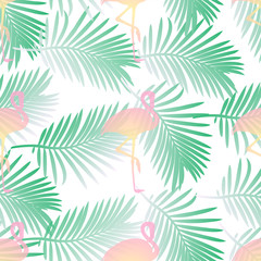 seamless pink flamingo with green palm leaf pattern on white background