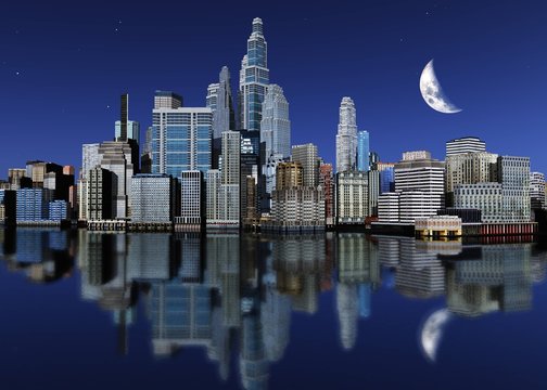 Night city with reflection and moon in the sky, 3d rendering