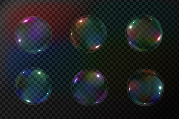 Vector collection of isolated realistic soap bubbles on the transparent background.
