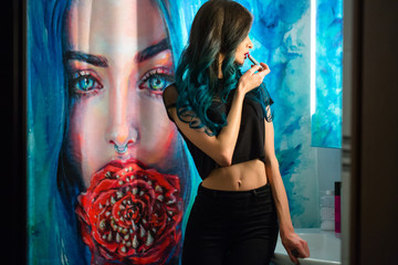 Pretty, young woman rouge red lipstick in front of her bathroom mirror. Hair perm. Shower Curtains with Art painting print. Reflection. Painted long blue hair, close-up