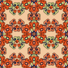 Seamless pattern texture. Indian, arabic, turkish style elements. Vintage vector card. Hand drawn doodle illustration. Floral pattern